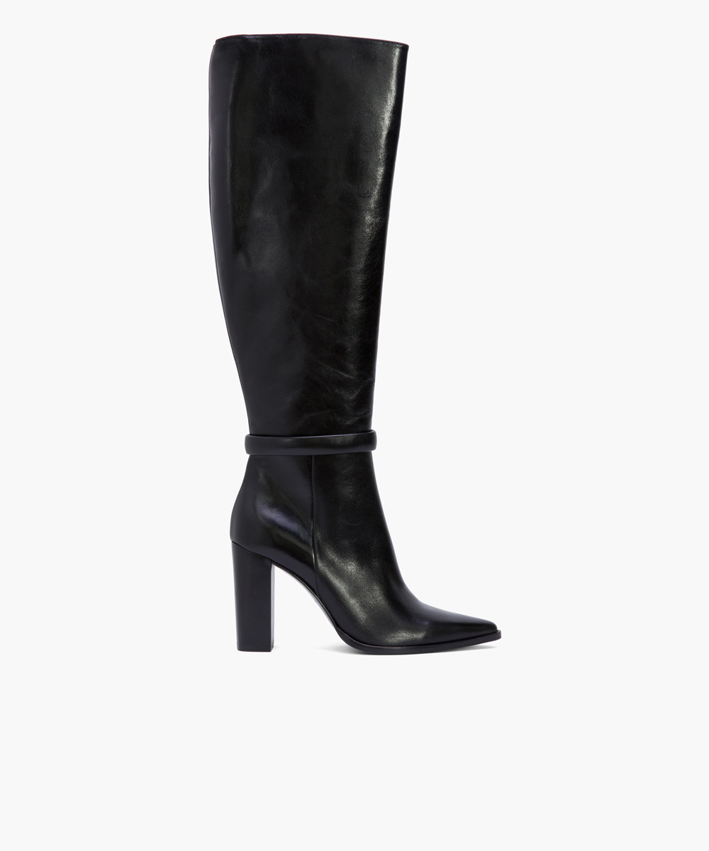 Black calf leather strip embellished high boots