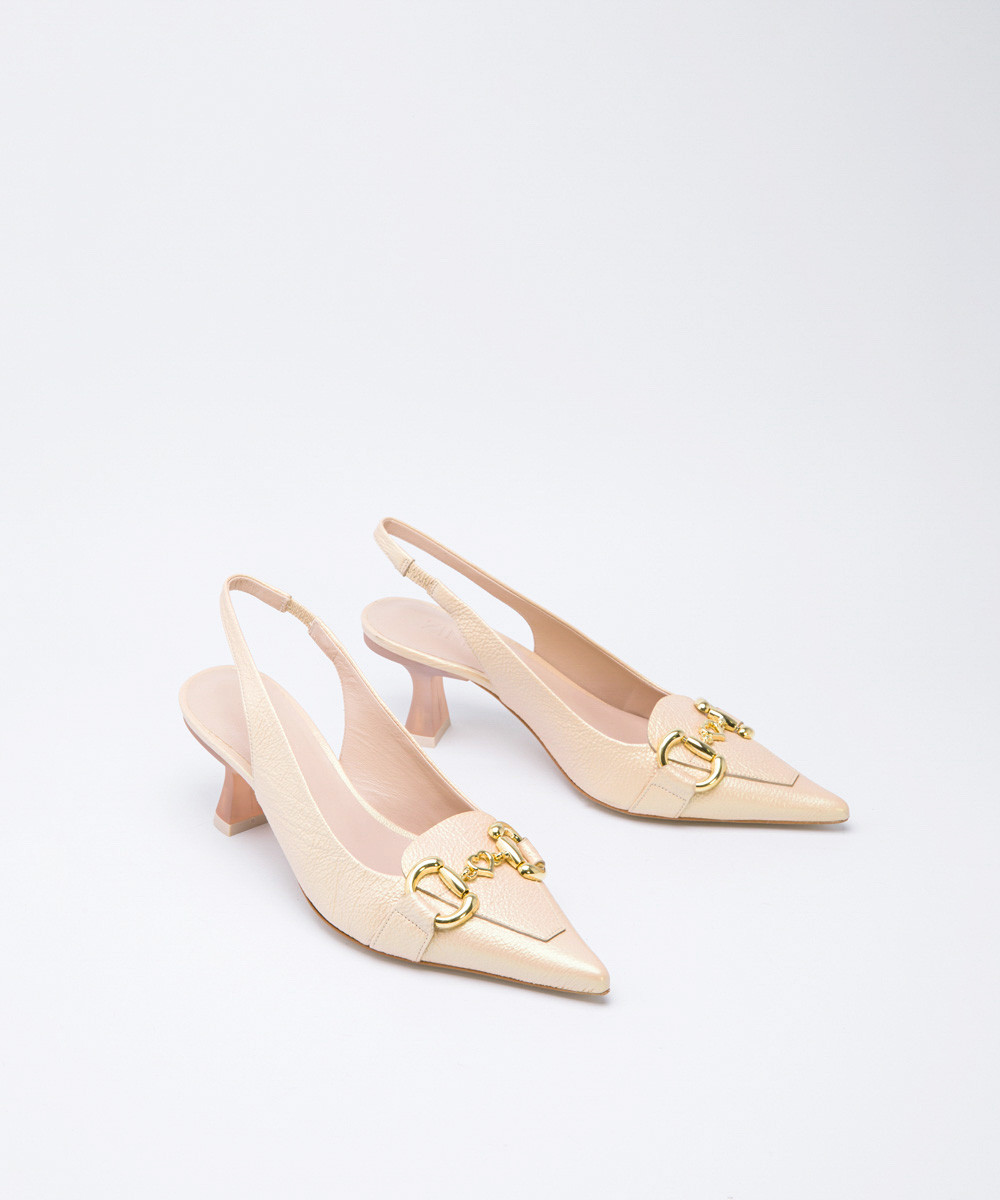 Gold metallic heart embellished loafer-inspired slingback pumps