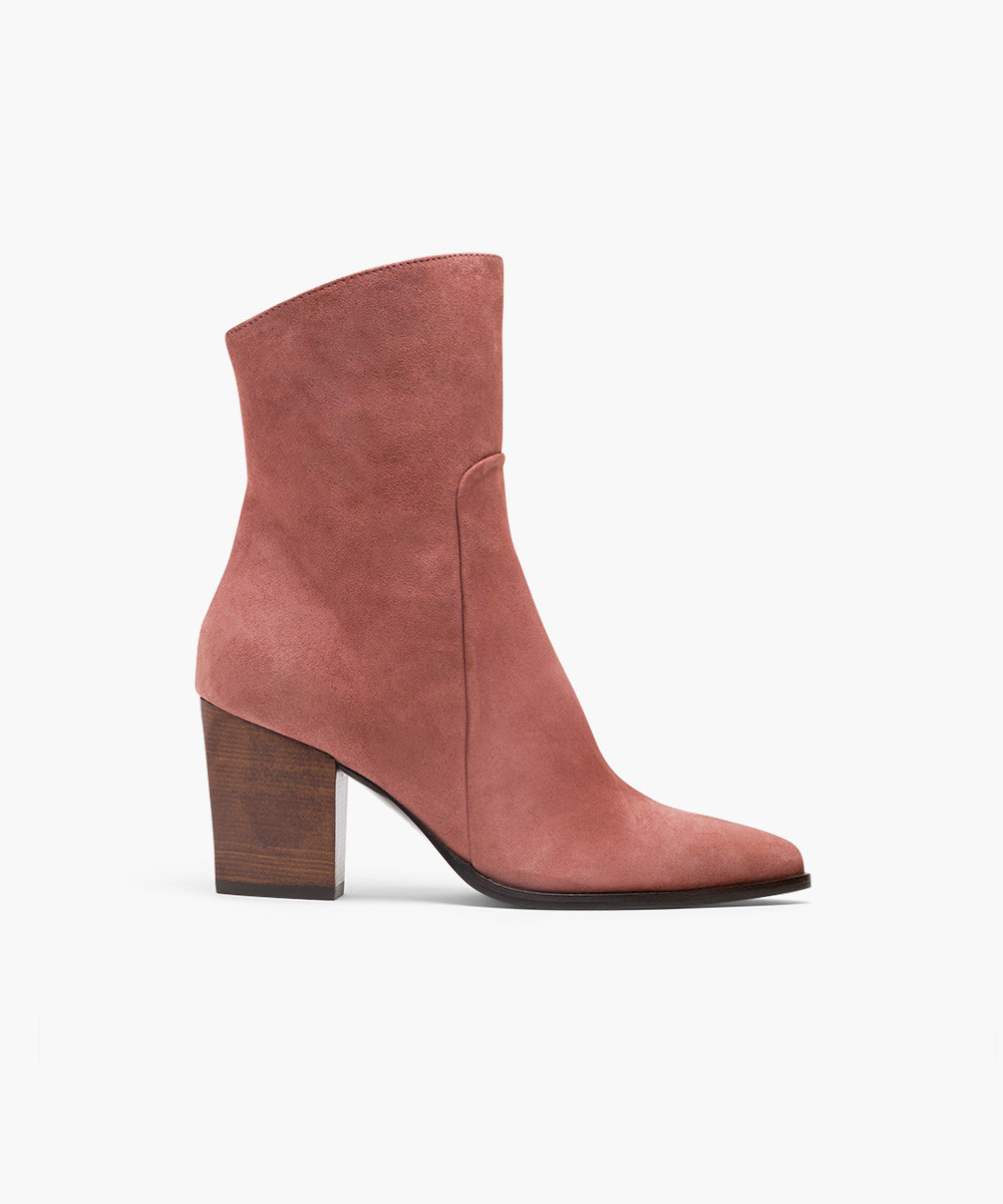 Rose pink suede leather slanted cut ankle boots