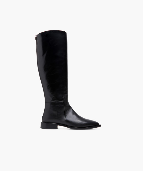 Black calf leather low block heel high boots