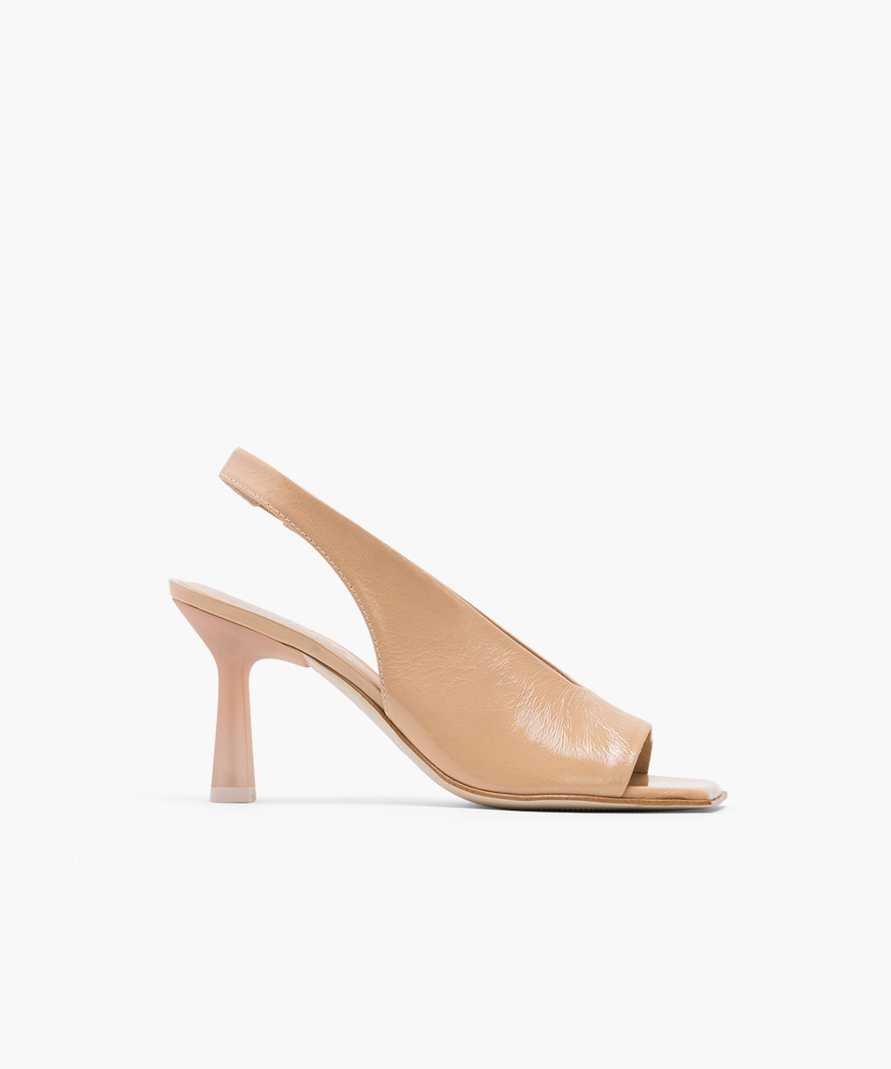 Tan textured patent leather stiletto slingback pumps